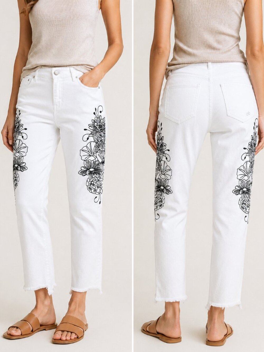 Indigo Rein White Floral Embroidered Ankle Jeans Raw Hem